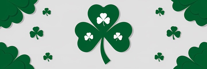 A minimalist saint Patrick's day poster with a paper cut-out theme. There is a large green shamrock with three small white shamrocks inside it. The background is white.