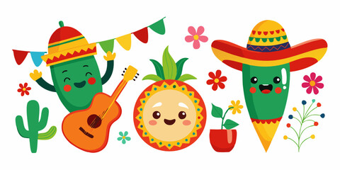 Cactus fiesta characters with sombreros and guitar for festive mexican celebration design
