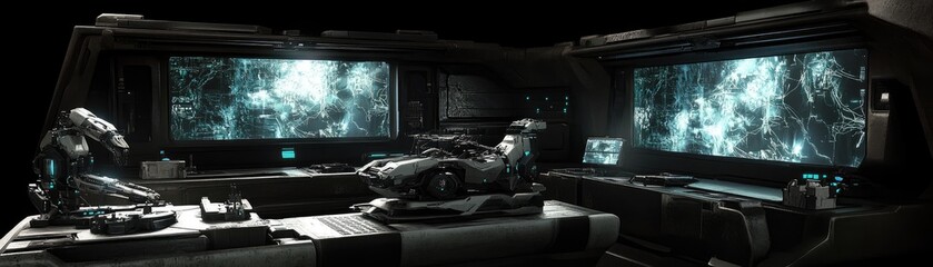 Futuristic control room; screens display data; vehicle model on desk; dark background.  Gaming concept