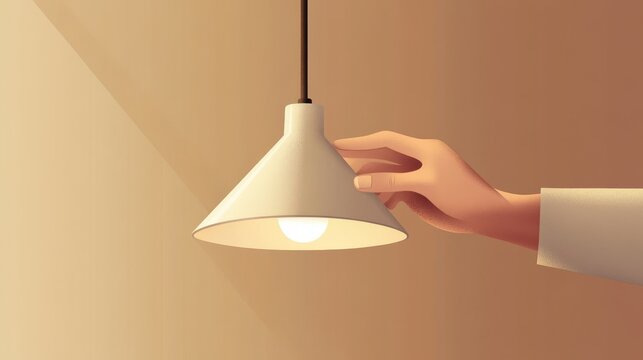 16.A vector illustration of a sleek contemporary pendant lamp being turned off by a hand, with soft shadow effects and a warm neutral-toned background.