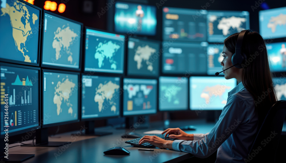 Poster woman operator works in control room. wears headset, looks at multi-monitor workstation. screens sho