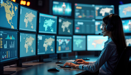 Woman operator works in control room. Wears headset, looks at multi-monitor workstation. Screens show maps, data. Modern tech solutions for control, supervision in focus. Pro woman in security tech