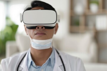 Patient experiencing comprehensive virtual medical consultation through advanced AI doctor interface while personalized health data visualizations provide real time insights in home medical setup