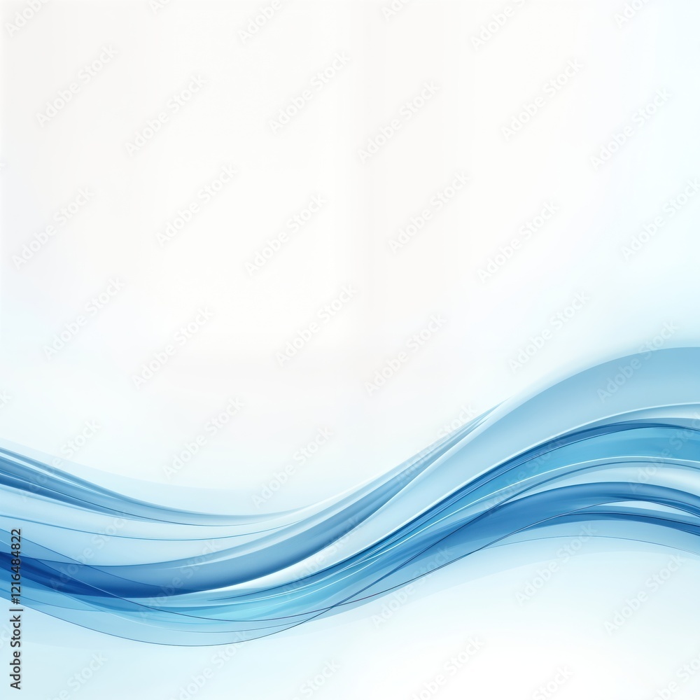 Poster Abstract design with flowing blue waves on white background. Dynamic lines create sense of motion, fluidity. Modern, elegant style suitable for presentations websites. Stylish visual element for
