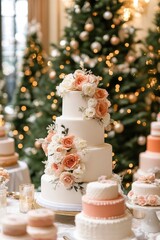 A luxurious wedding cake surrounded by multiple cakes decorated with pastel peach and white flowers in an elegant dining room filled with Christmas trees