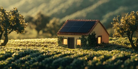 A miniature house with solar panels on the roof on green field of crops with sunlight on background