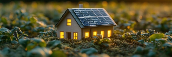 A miniature house with solar panels on the roof on green field of crops with sunlight on background