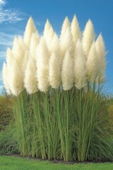 A row of pampas grass swaying gently in the breeze against a blue sky background