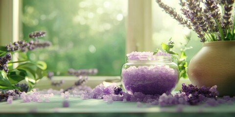 a jar of purple  body salt crystals on a table with lavender flowers and sunlight on wall background