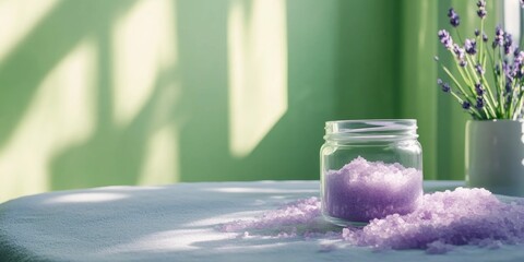 a jar of purple  body salt crystals on a table with lavender flowers and sunlight on wall background