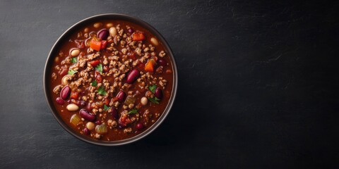 ground beef, beans, and vegetables in a bowl on a dark background