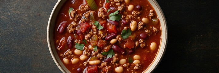 ground beef, beans, and vegetables in a bowl on a dark background