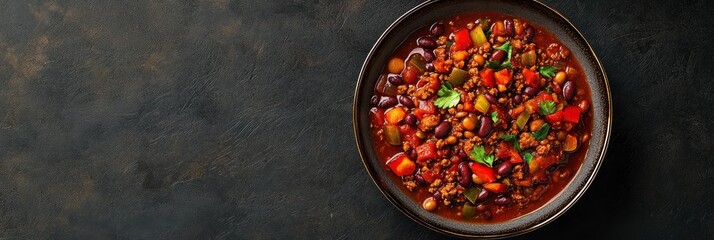 ground beef, beans, and vegetables in a bowl on a dark background