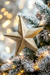 a Christmas tree with a golden star ornament and blurred lights in the background