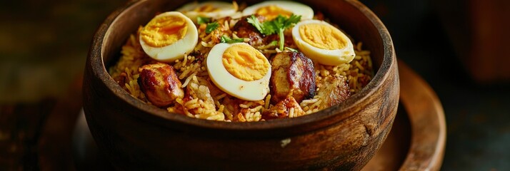 biryani in a bowl with chicken and eggs on wooden table