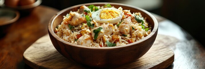 biryani in a bowl with chicken and eggs on wooden table