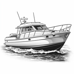 Naklejka premium Motor boat sailing on water, river, sea, angle view, icon, black and white sketch highlighted on a white background, picture, image for printing on a T-shirt, background, without people