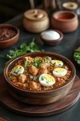 biryani in a bowl with chicken and eggs on wooden table
