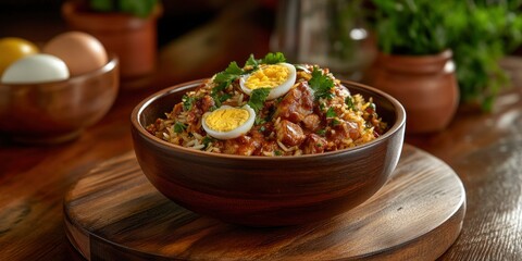 biryani in a bowl with chicken and eggs on wooden table