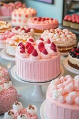 Pink and white cakes are on display at the cake shop, with various types of cakes in a pink color