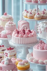Pink and white cakes are on display at the cake shop, with various types of cakes in a pink color