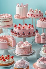 Pink and white cakes are on display at the cake shop, with various types of cakes in a pink color