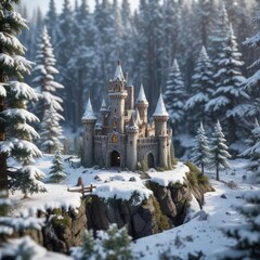 Fototapeta premium A small toy castle in the middle of a snowy forest, icy landscape, winter wonderland