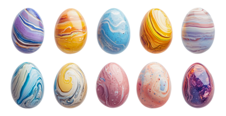Set of colorful easter eggs with abstract pattern isolated on transparent background