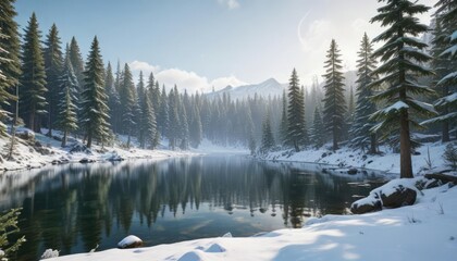 A snow-covered forest with towering evergreen trees and a serene lake, cold weather, evergreen trees