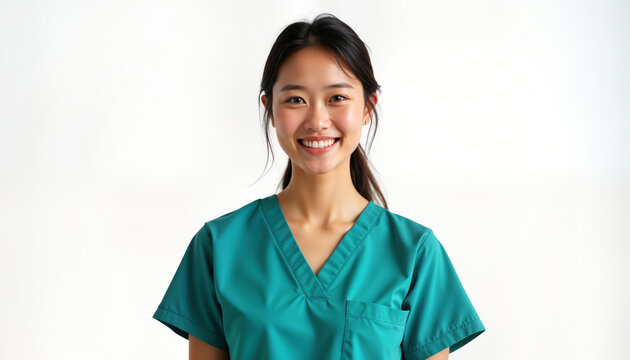 Confident Asian female nurse smiles in teal scrub top. Pro medical worker in portrait photo. Health care pro. Studio shot with white background. Young woman looks healthy, happy. Expert medical