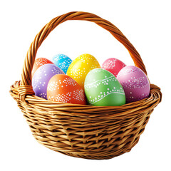Colorful hand drawn easter eggs in the basket isolated on a transparent background