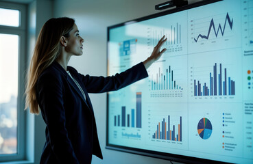 Businesswoman presents data-driven e-commerce strategy. Points to charts, graphs on large interactive display in meeting room. Display shows various metrics, trends. Pro, confident atmosphere.