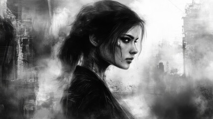 Black-and-white drawing of a young woman with dark hair in a ponytail, in side profile view, with a misty, ruined city background in a gritty, fantasy style.