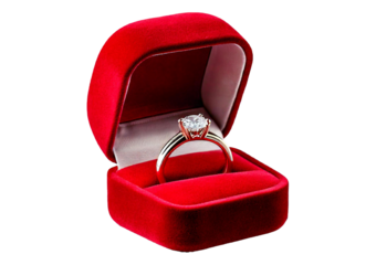 A red velvet ring box with a diamond engagement ring inside, isolated on transparent or white background