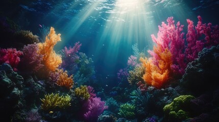 Fototapeta premium Underwater scene featuring vibrant coral reefs and marine flora in shades of green and blue.