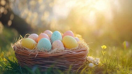 Obraz premium Colorful Easter Eggs in a Basket on Sunny Grass