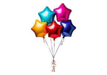 Five star balloons of different colors red, blue, yellow, green and purple isolated on transparent or white background