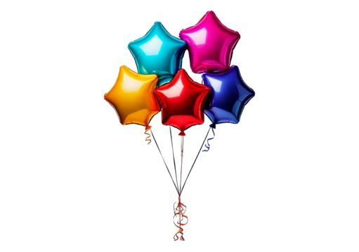 Five star balloons of different colors red, blue, yellow, green and purple isolated on transparent or white background
