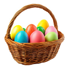 Colorful easter eggs in the wicker basket isolated on a transparent background