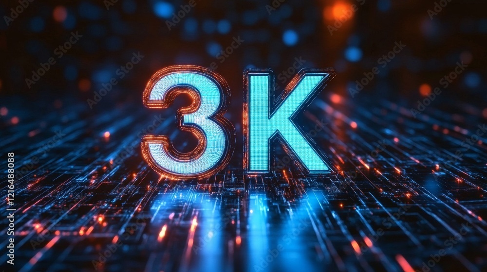 Poster glowing digital 3k number in futuristic style, abstract technological background, 3d rendering