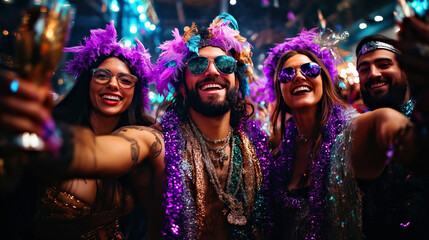 Fototapeta premium Vibrant Celebration: Diverse Group Enjoying a Festive Night with Music and Dancing. Mardi Gras concept