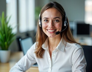 Pro woman smiles wearing headset in office. Likely call center agent telemarketer. Friendly expression suggests good customer service skills, pleasant work environment. Indoor setting, tech tools