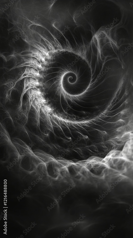 Poster dark smoke curling into an infinite spiral, blending softly into a misty void, surreal patterns of m