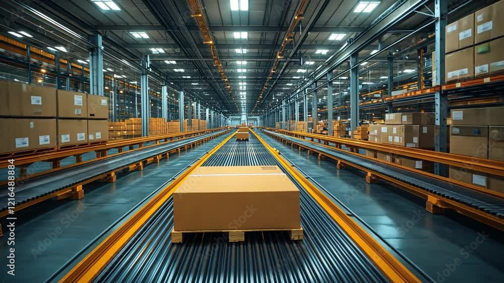 Poster aerial view of a busy warehouse with automated conveyors moving boxes during daytime operations