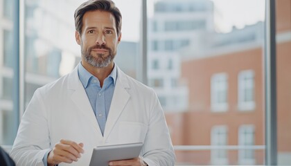Fototapeta premium A healthcare professional in a lab coat stands confidently, holding a clipboard in a modern medical office setting with large windows.