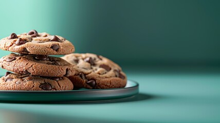 Freshly baked chocolate chip cookies arranged neatly in a stack and scattered slightly on a clean and minimal background.
