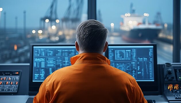 A maritime operator monitors shipping activities from a control room, surrounded by advanced technology and cargo ships in the background during a twilight setting.