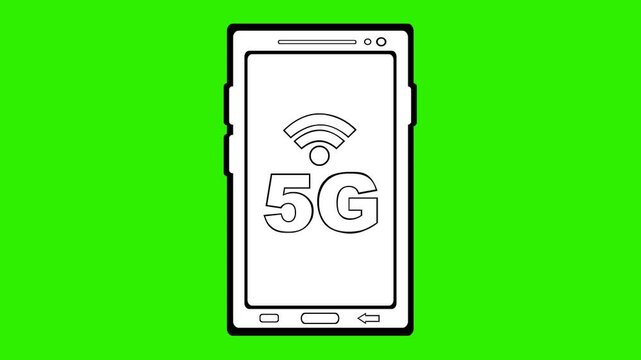 video animation drawing black and white icon smartphone 5G internet conection concept, on a green chroma key background