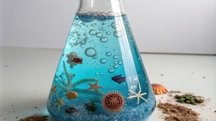 A chemistry bottle filled with a blue liquid containing various aquatic microorganisms such as bacteria and archaea, surrounded by bubbles and sediment particles, microbial growth, chemical reactions