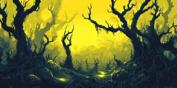 A Surreal Yellow Swamp Forest With Twisted Trees